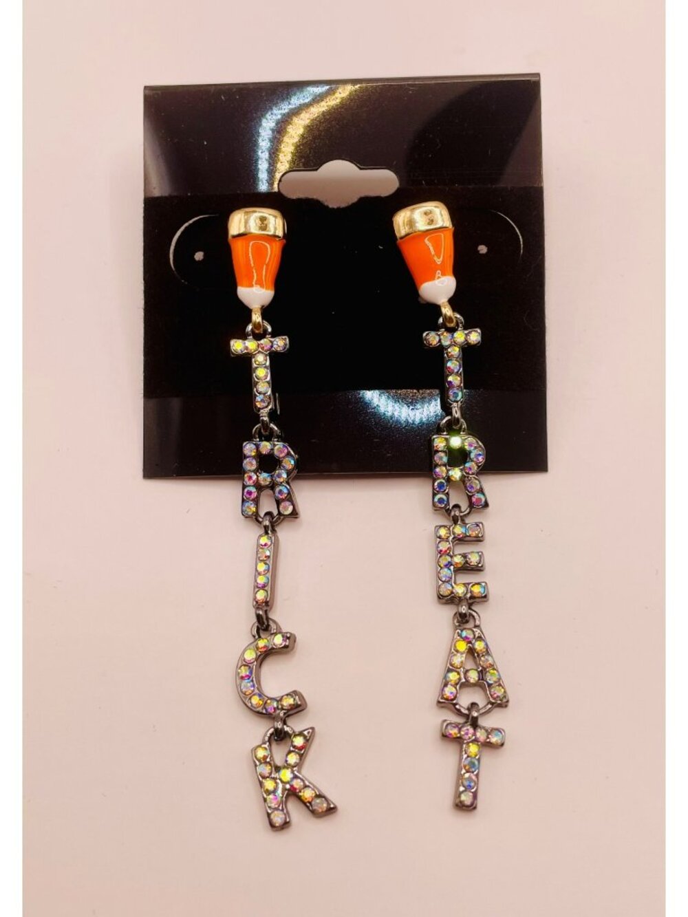 Halloween Trick & Treat Dangle Earrings Candy Corn Studs Rhinestone Letters -40B